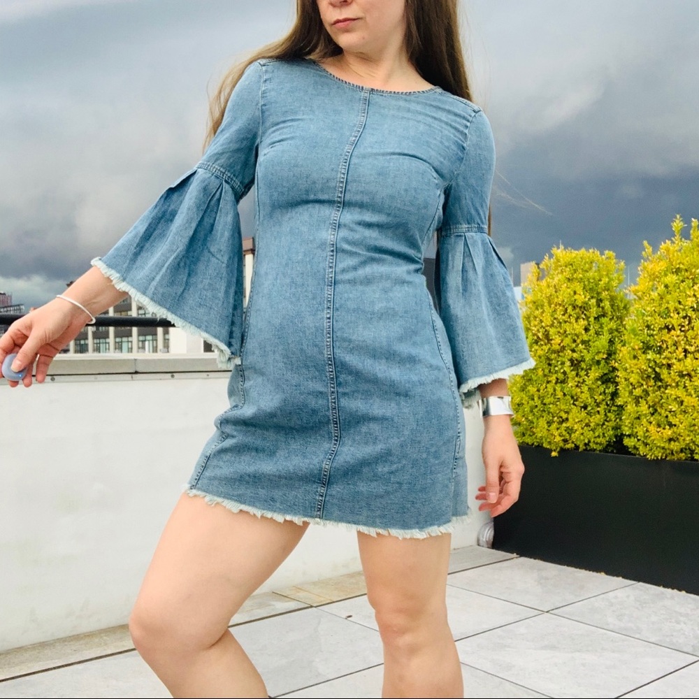 Free People Denim Fringed Raw Hem Flare Backless Dress - Picture 13 of 16